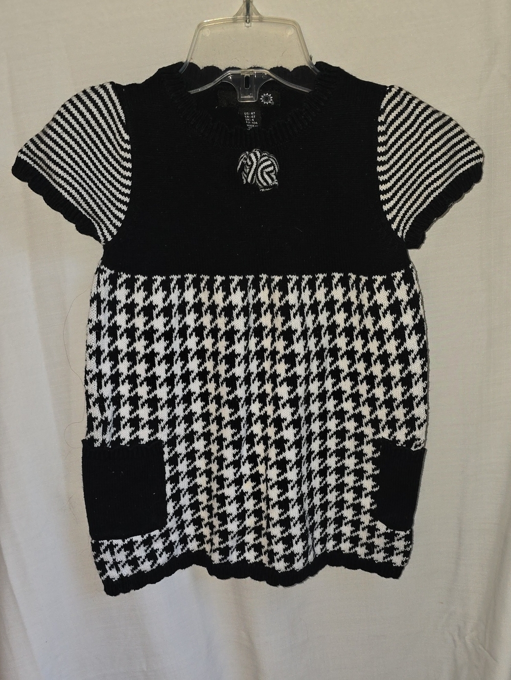Girls Black & White Houndstooth Knit Top with Rosette Accent
